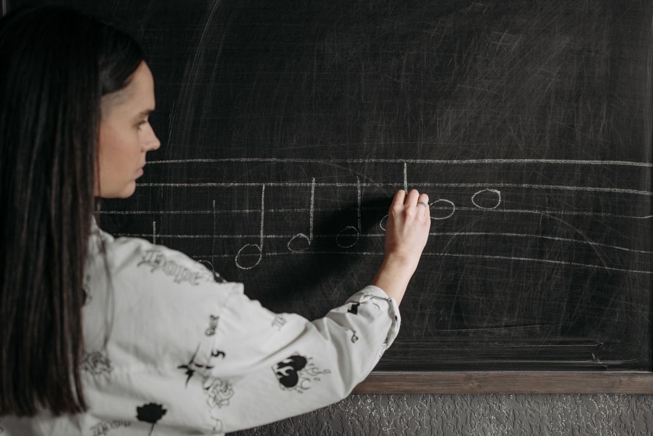 The Art of Drawing Readers In: Your attractive post title goes here A woman writing music notation on a blackboard during a lesson.